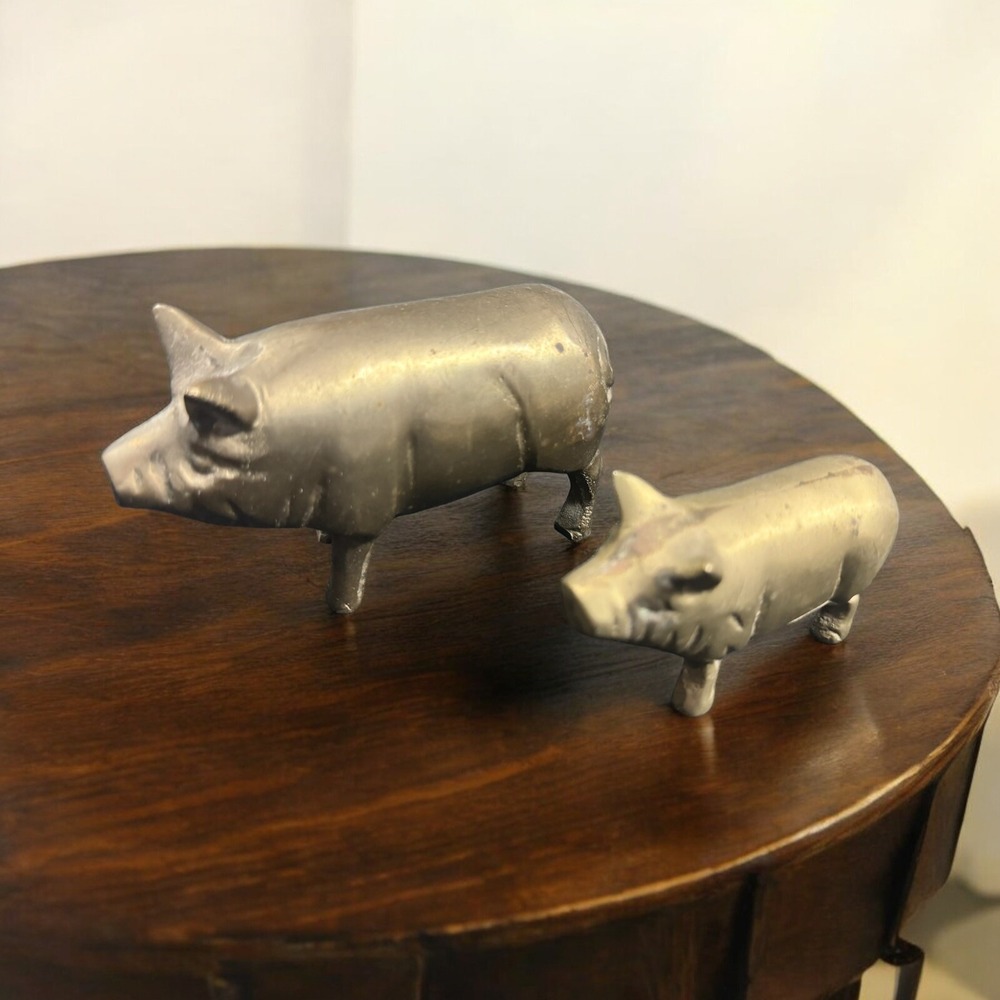 Old Vintage Solid Brass Set Pigs Figurine Metal Piggy Hog Farm Animal 4.25" & 3"